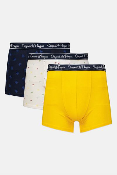 Original Penguin Men 3 Pieces Allover Print Boxer Briefs, Navy/yellow/white