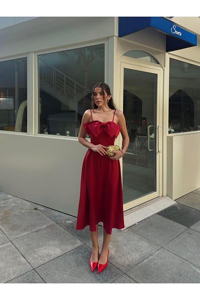 conconmoda Rochie Midi Atlas cu bretele cu detaliu panglică Minel
