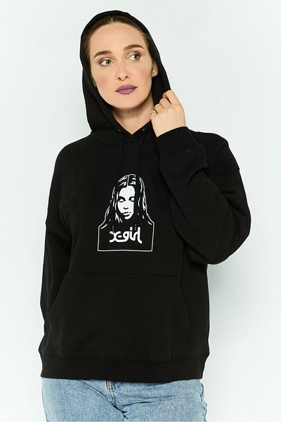 X-Girl Women Hood With Drawstring Long Sleeve Brand Logo Sweatshirts, Black