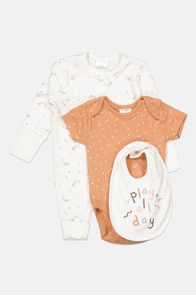 Home Grown Baby Toddlers Girl 3 Piece Allover Print Rompers And Bib Set, White Combo