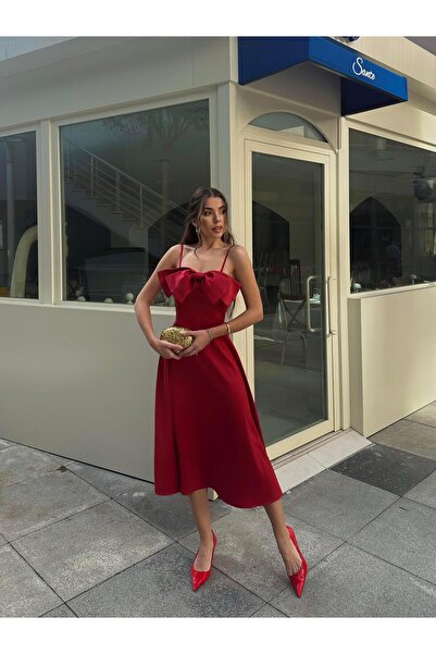 conconmoda Minel Kurdele Detay Askılı Midi Atlas Elbise