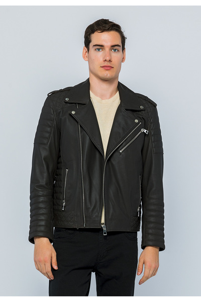 Basics&More Men's Biker Genuine Brown Taffeta Leather Jacket - E6735