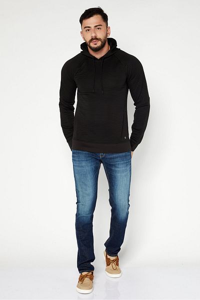 Apana Men Hooded Neck Textured Long Sleeve Hoodie, Black