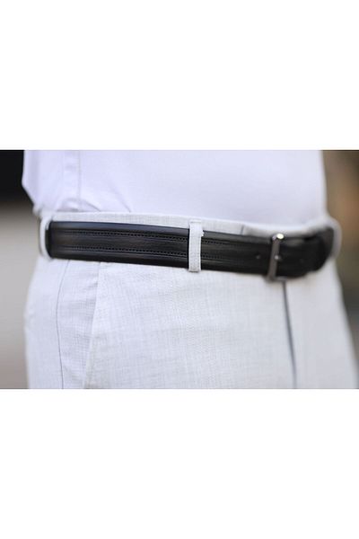 Bürke Curea pentru bărbați din piele neagră - linie dublă, cataramă metalică, centură clasică pentru pantaloni din material textil de 3,5 cm