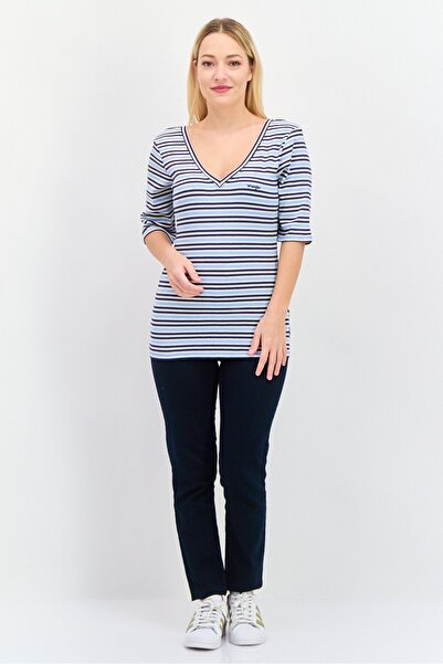 WRANGLER Women V-neck Short Sleeve Stripe Blouse, Blue