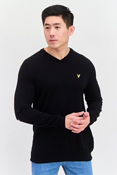 Lyle & Scott Men V Neck Long Sleeve Brand Logo Sweater, Black