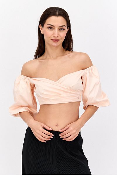 Guess Women Sweetheart Neckline Puffed Sleeve Shirred Top, Pink