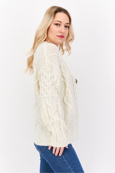 Dex Women V Neck Textured Cardigans, Off White