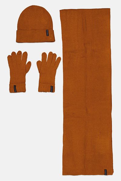 French Connection Men 3 Pack Textured Beanie With Scarf And Gloves Set, Brown