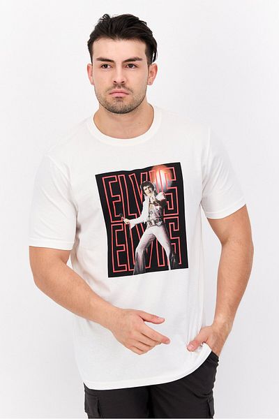 Elvis Men Crew Neck Short Sleeves Graphic Print T-shirt, Off White