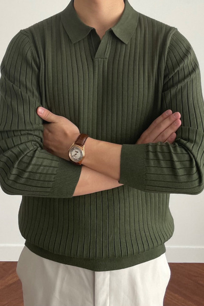 COOL TARZ Khaki Men's Polo Neck Ribbed Knitwear Sweater