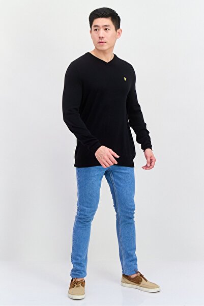 Lyle & Scott Men V Neck Long Sleeve Brand Logo Sweater, Black