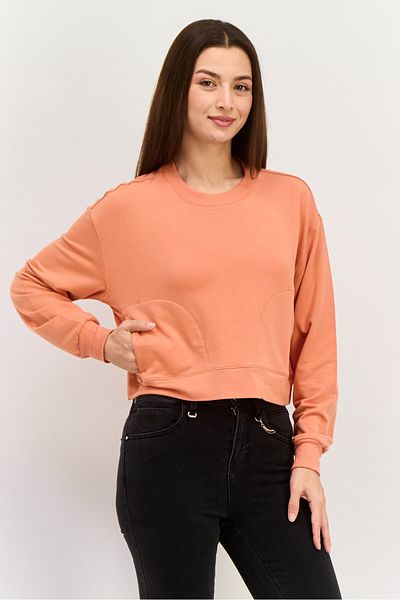 Hurley Women Crew Neck Solid Sweatshirts, Orange