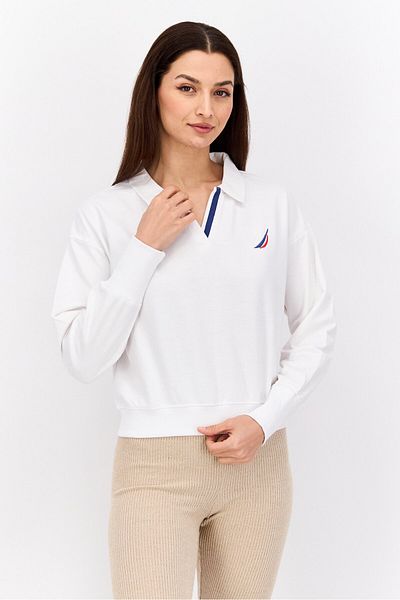 Nautica Women Spread Collar V-neck Brand Logo Sweatshirt, White