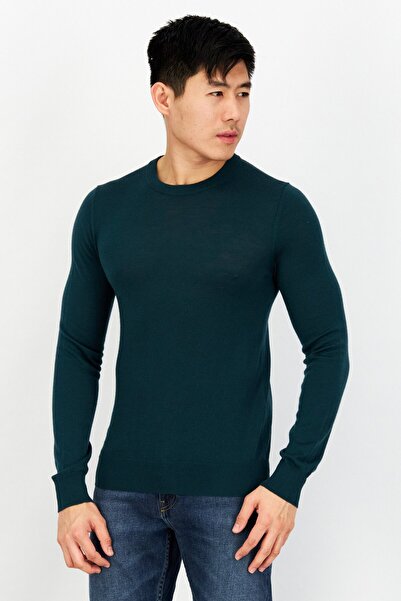 CELIO Men Crew Neck Plain Long Sleeves Sweaters, Dark Green