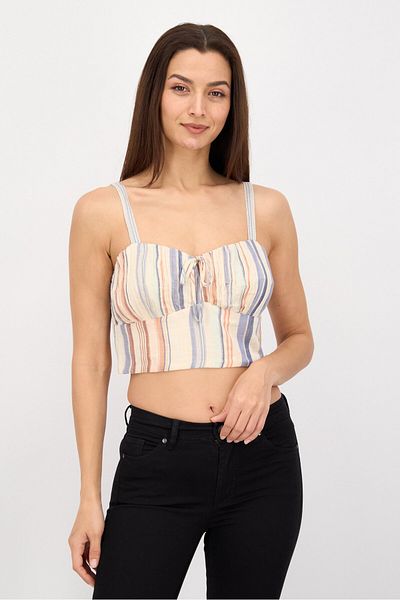 LUCKY BRAND Women Tie Neckline Sleeveless Stripe Crop Top, Beige Combo