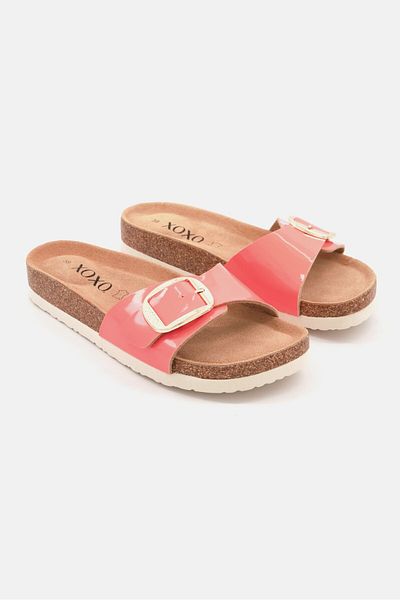 XOXO Women Slip On Open Toe Cork Sandals, Coral Combo