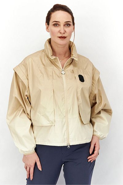 Puma Women Mock Neckline Long Sleeve Solid Jacket, Beige