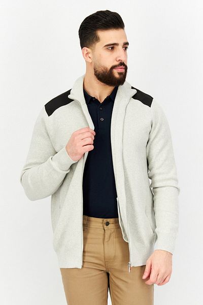 CELIO Men Mock Neck Textured Long Sleeves Sweatshirt, Light Grey/black