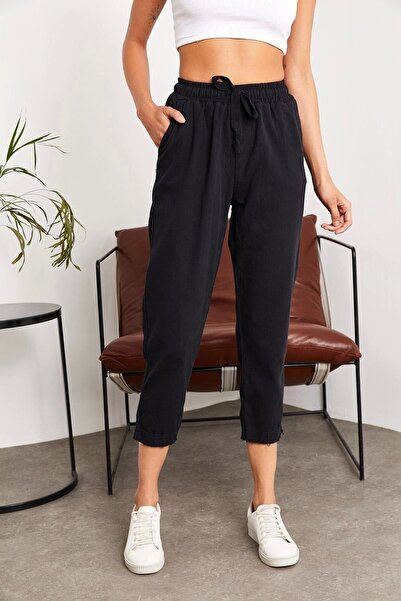 SORTEÈ Kadın Siyah Sortee Beli Lastikli Keten Pantolon