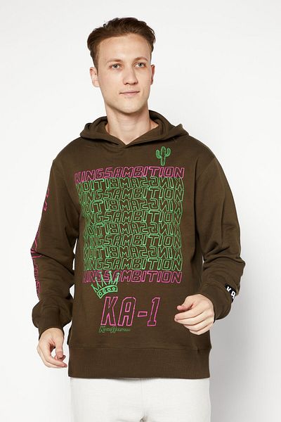 KA-1 Men Hooded Graphic Print Long Sleeve Sweatshirt, Olive Combo