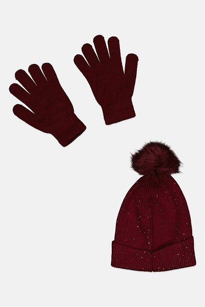 Daisy Fuentes Women 2 Piece Rhinestone Glove And Beanie Set, Maroon