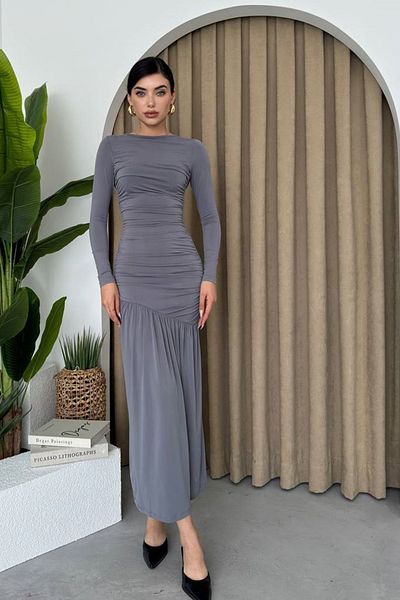 WOMAN VISION Women's Smoked Sandy Fabric Drawstring Draped Detail Long Sleeve Midi Evening Dress 326