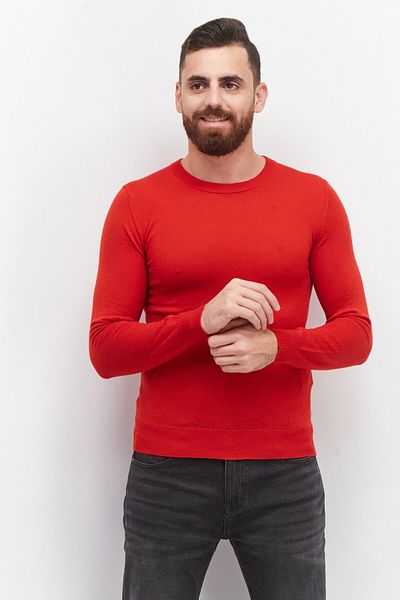 CELIO Men Crew Neck Plain Sweater, Red