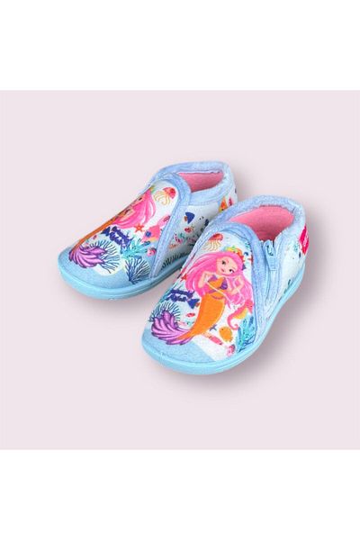 GEZER Baby Girl Blue Mermaid Printed Zipper Slip-Resistant Sole Home Shoes Slippers