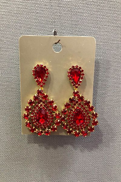 Hayalperest boncuk Gold Yellow Oval Earrings with Red Crystal Stones