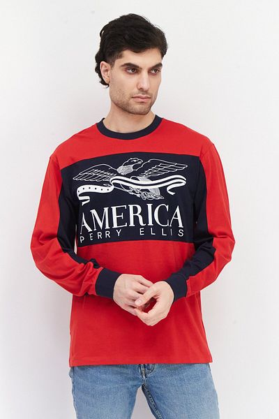 Perry Ellis Men Crew Neck Long Sleeves Brand Logo T-shirt, Red