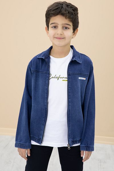 Cansın Mini Jachetă de blugi cu fermoar albastru închis și pantaloni Costum 3 piese pentru băiat 20141