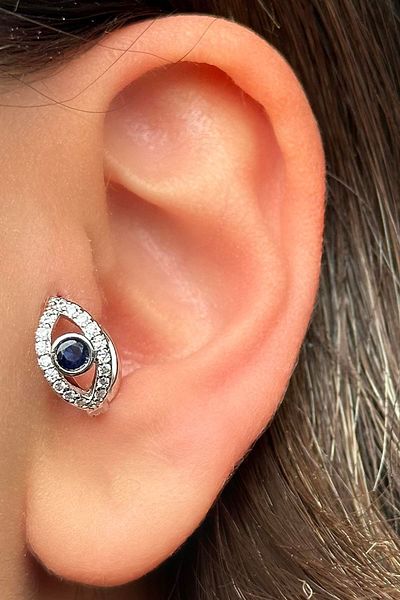 TAKIŞTIR Silver Colored Stone Detailed Surgical Ring - Tragus/ Cartilage Earring/ Piercing (Single)