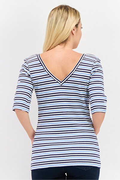 WRANGLER Women V-neck Short Sleeve Stripe Blouse, Blue