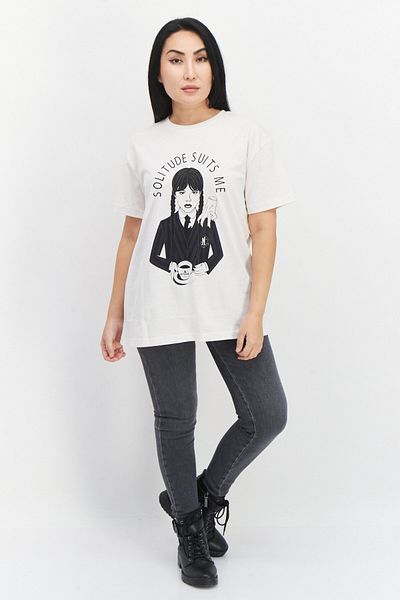 Tee and Charles Addams Foundation Women Crew Neck Short Sleeve Graphic Print T-shirt, Off White