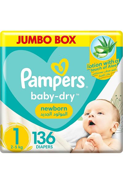 Pampers Aloe Vera, Size 1, Newborn, 2-5kg, Jumbo Pack, 136 Taped Diapers