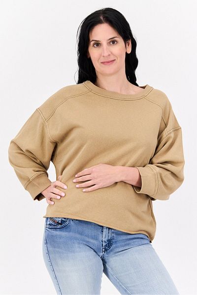 Sage Collective Women Crew Neck Solid Sweatshirt, Tan