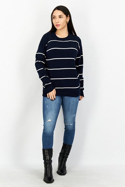 Aigle Women Crew Neck Stripe Sweaters, Navy