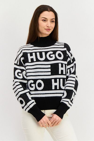 Hugo Boss Women Turtle Neck Allover Print Sweater, Black