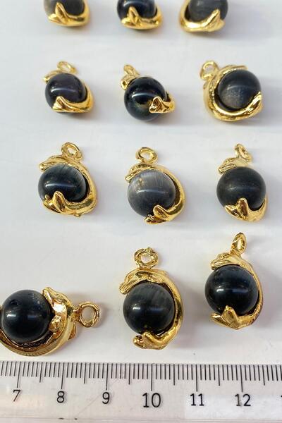 Hayalperest boncuk Siyah Yuvarlak Doğal Taşlı Gold Detaylı Kolye Ucu