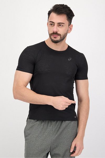 Asics تي شيرت رجالي رياضي بأكمام قصيرة للجري، أسود