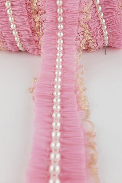 Ulutaş Pink Yellow Pearl Glitter Lace Pleat Ruffle