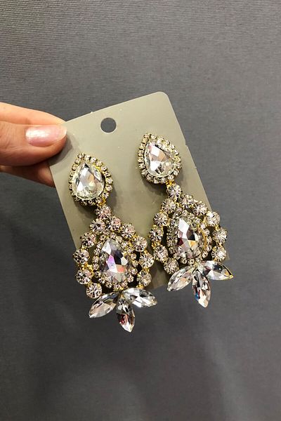 Hayalperest boncuk Gold Yellow Oval Earrings with Transparent Crystal Stones