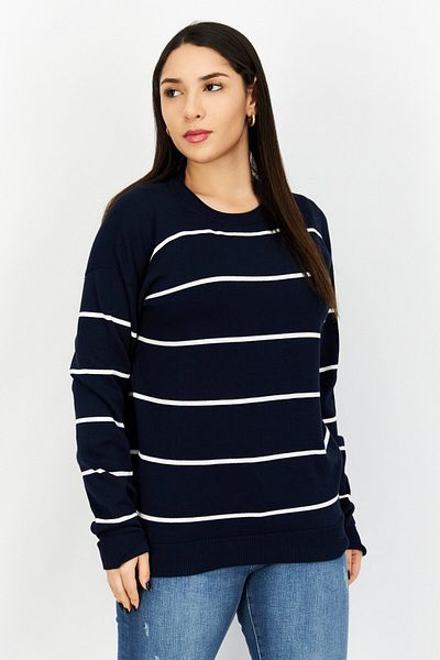 Aigle Women Crew Neck Stripe Sweaters, Navy