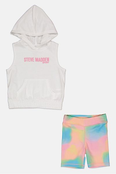 Steve Madden Toddlers Boy 2 Pieces Sleeveless Hoodie And Short Set, White/pink