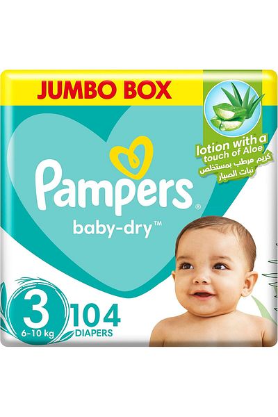 Pampers Aloe Vera, Size 3, Midi, 6-10kg, Jumbo Pack, 104 Taped Diapers