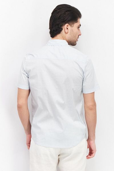 Kenneth Cole Men Regular Fit Short Sleeve Checkered Casual Shirt, Light Blue