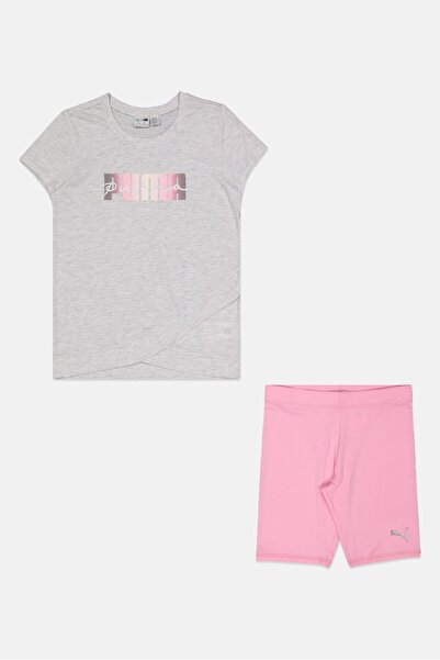 Puma طقم ملابس أطفال بناتي مكون من قطعتين، بلوزة وشورت بشعار العلامة التجارية...