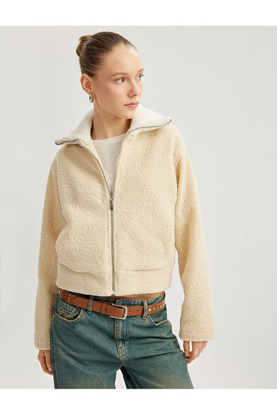 Koton Zippered Collar Detailed Plush Jacket