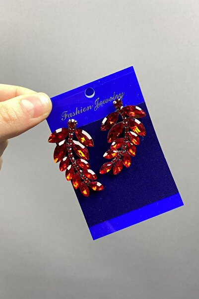 Hayalperest boncuk Red Leaf Pattern Bridal Earrings with Stone Detail